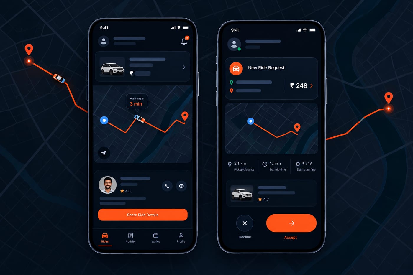 Rider and driver app screens for the ride-hailing platform